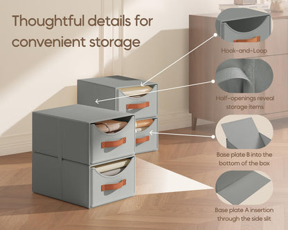 Stackable Storage Drawers - Collapsible Storage Bins with Drawers, Closet Shelf Organizer Basket, Fabric Pull Out Organizer for Bedroom, Living Room, Dorm, Beige