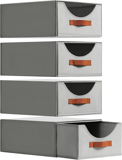 Stackable Storage Drawers - Collapsible Storage Bins with Drawers, Closet Shelf Organizer Basket, Fabric Pull Out Organizer for Bedroom, Living Room, Dorm, Beige