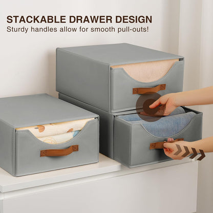 Stackable Storage Drawers - Collapsible Storage Bins with Drawers, Closet Shelf Organizer Basket, Fabric Pull Out Organizer for Bedroom, Living Room, Dorm, Beige