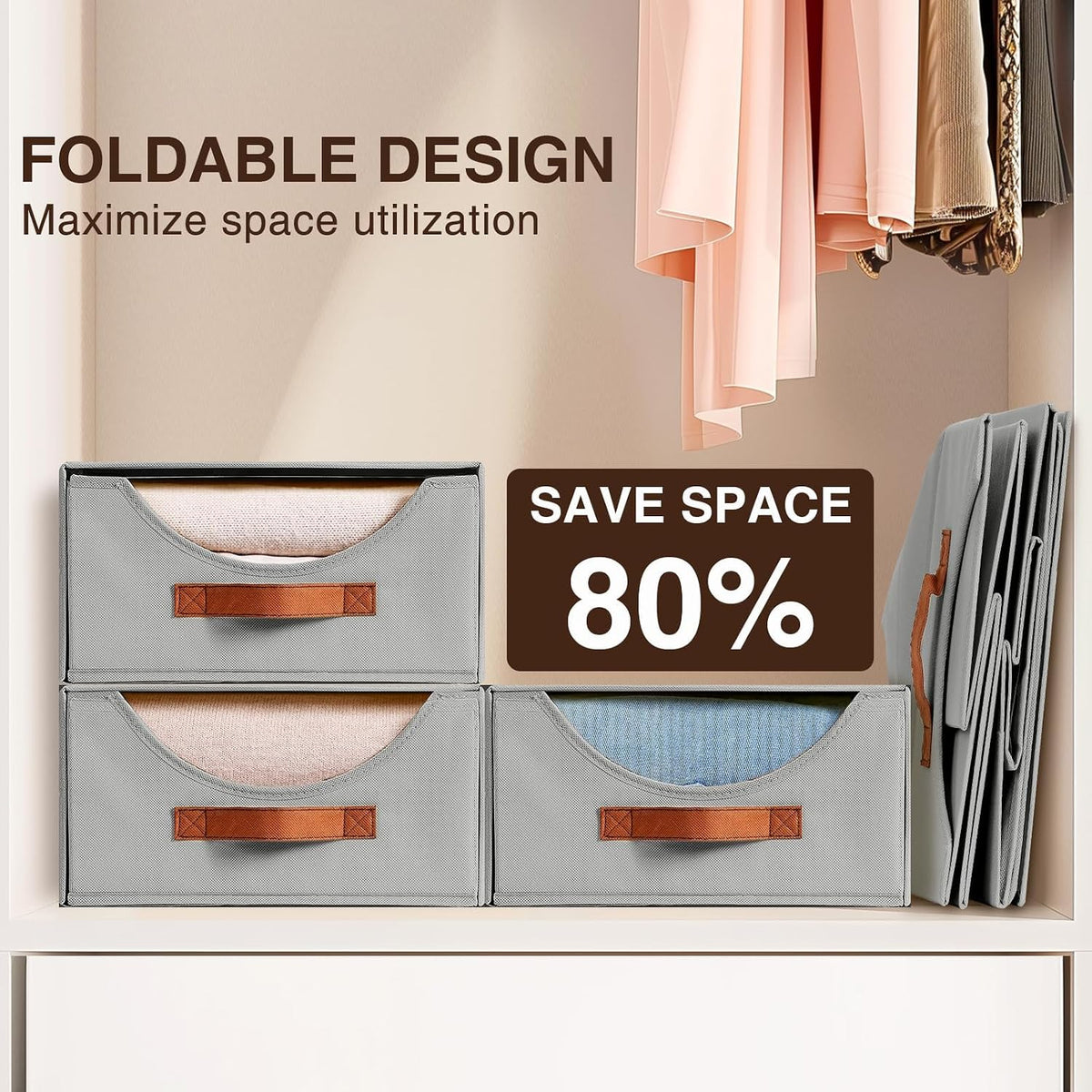 Stackable Storage Drawers - Collapsible Storage Bins with Drawers, Closet Shelf Organizer Basket, Fabric Pull Out Organizer for Bedroom, Living Room, Dorm, Beige