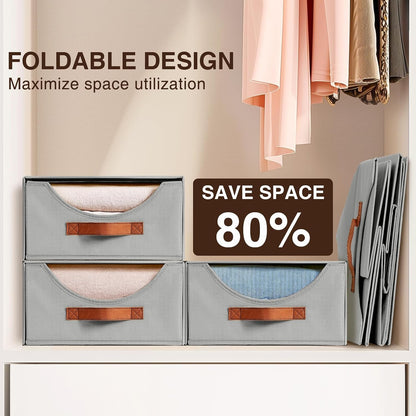 Stackable Storage Drawers - Collapsible Storage Bins with Drawers, Closet Shelf Organizer Basket, Fabric Pull Out Organizer for Bedroom, Living Room, Dorm, Beige
