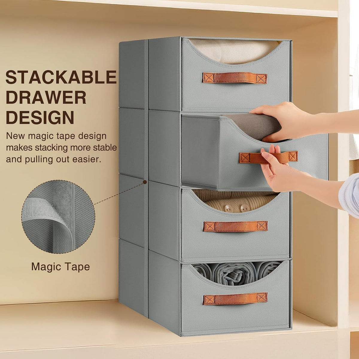 Stackable Storage Drawers - Collapsible Storage Bins with Drawers, Closet Shelf Organizer Basket, Fabric Pull Out Organizer for Bedroom, Living Room, Dorm, Beige