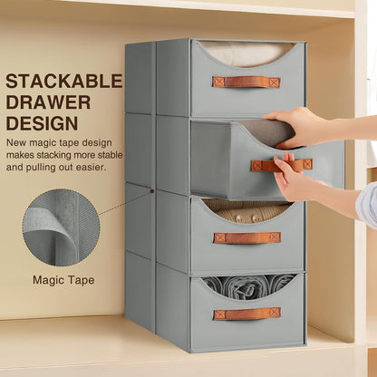 Stackable Storage Drawers - Collapsible Storage Bins with Drawers, Closet Shelf Organizer Basket, Fabric Pull Out Organizer for Bedroom, Living Room, Dorm, Beige