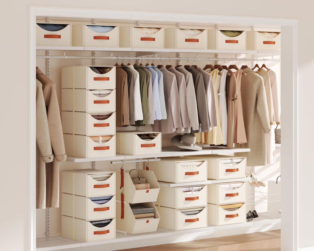 Stackable Storage Drawers - Collapsible Storage Bins with Drawers, Closet Shelf Organizer Basket, Fabric Pull Out Organizer for Bedroom, Living Room, Dorm, Beige