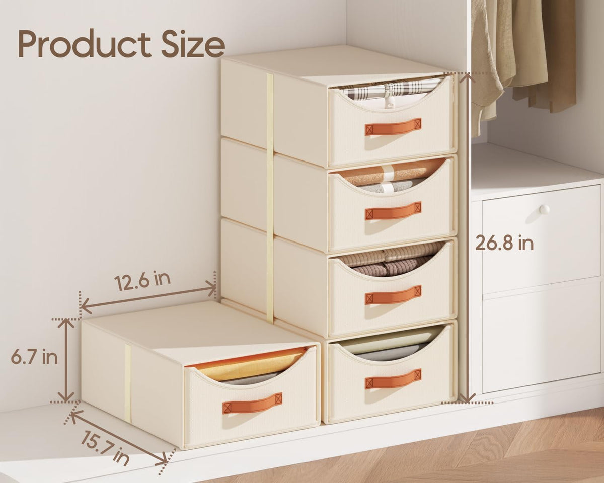 Stackable Storage Drawers - Collapsible Storage Bins with Drawers, Closet Shelf Organizer Basket, Fabric Pull Out Organizer for Bedroom, Living Room, Dorm, Beige