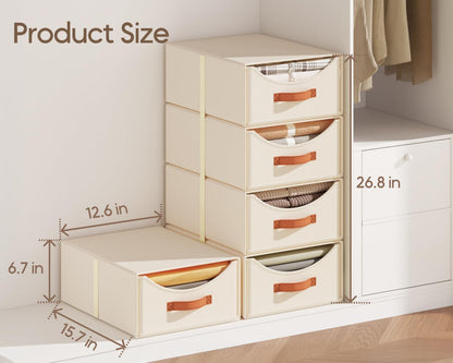 Stackable Storage Drawers - Collapsible Storage Bins with Drawers, Closet Shelf Organizer Basket, Fabric Pull Out Organizer for Bedroom, Living Room, Dorm, Beige