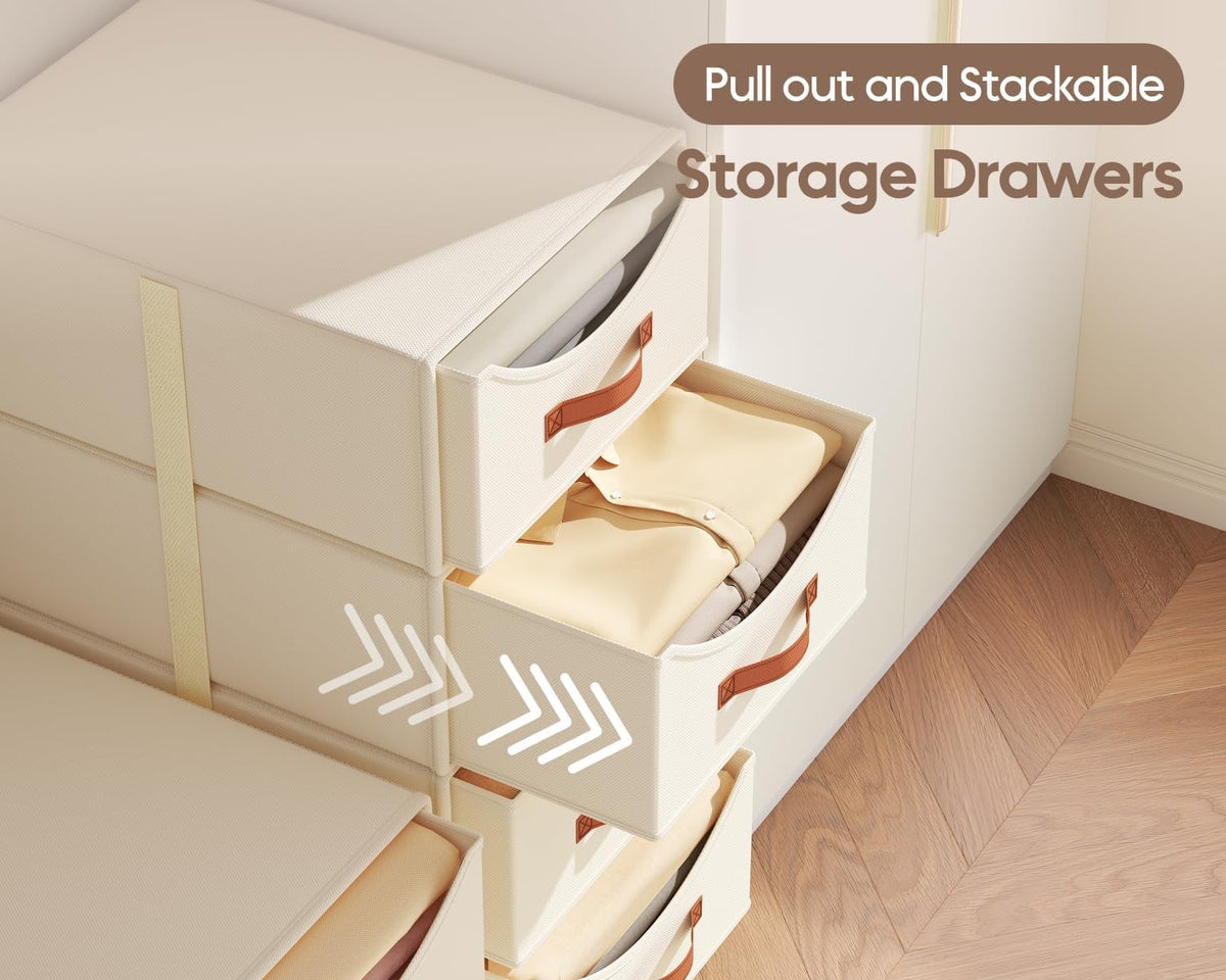 Stackable Storage Drawers - Collapsible Storage Bins with Drawers, Closet Shelf Organizer Basket, Fabric Pull Out Organizer for Bedroom, Living Room, Dorm, Beige