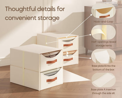 Stackable Storage Drawers - Collapsible Storage Bins with Drawers, Closet Shelf Organizer Basket, Fabric Pull Out Organizer for Bedroom, Living Room, Dorm, Beige
