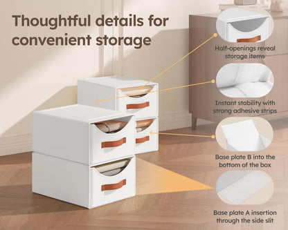 Stackable Storage Drawers - Collapsible Storage Bins with Drawers, Closet Shelf Organizer Basket, Fabric Pull Out Organizer for Bedroom, Living Room, Dorm, Beige