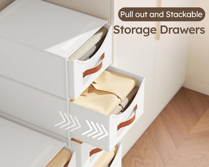 Stackable Storage Drawers - Collapsible Storage Bins with Drawers, Closet Shelf Organizer Basket, Fabric Pull Out Organizer for Bedroom, Living Room, Dorm, Beige
