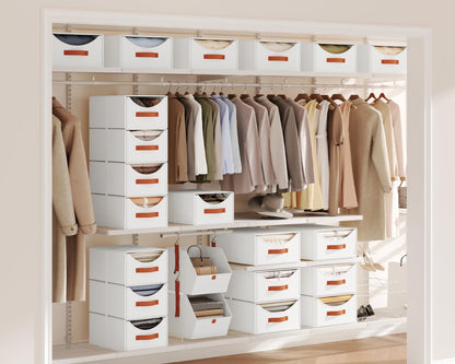 Stackable Storage Drawers - Collapsible Storage Bins with Drawers, Closet Shelf Organizer Basket, Fabric Pull Out Organizer for Bedroom, Living Room, Dorm, Beige