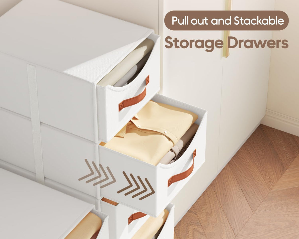 Stackable Storage Drawers - Collapsible Storage Bins with Drawers, Closet Shelf Organizer Basket, Fabric Pull Out Organizer for Bedroom, Living Room, Dorm, Beige