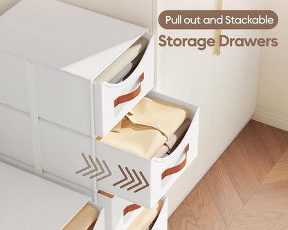 Stackable Storage Drawers - Collapsible Storage Bins with Drawers, Closet Shelf Organizer Basket, Fabric Pull Out Organizer for Bedroom, Living Room, Dorm, Beige