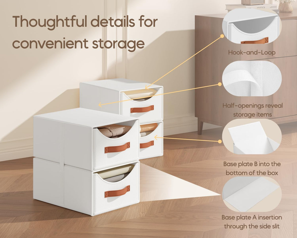 Stackable Storage Drawers - Collapsible Storage Bins with Drawers, Closet Shelf Organizer Basket, Fabric Pull Out Organizer for Bedroom, Living Room, Dorm, Beige