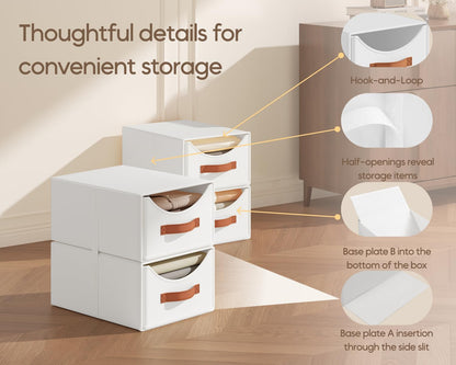 Stackable Storage Drawers - Collapsible Storage Bins with Drawers, Closet Shelf Organizer Basket, Fabric Pull Out Organizer for Bedroom, Living Room, Dorm, Beige