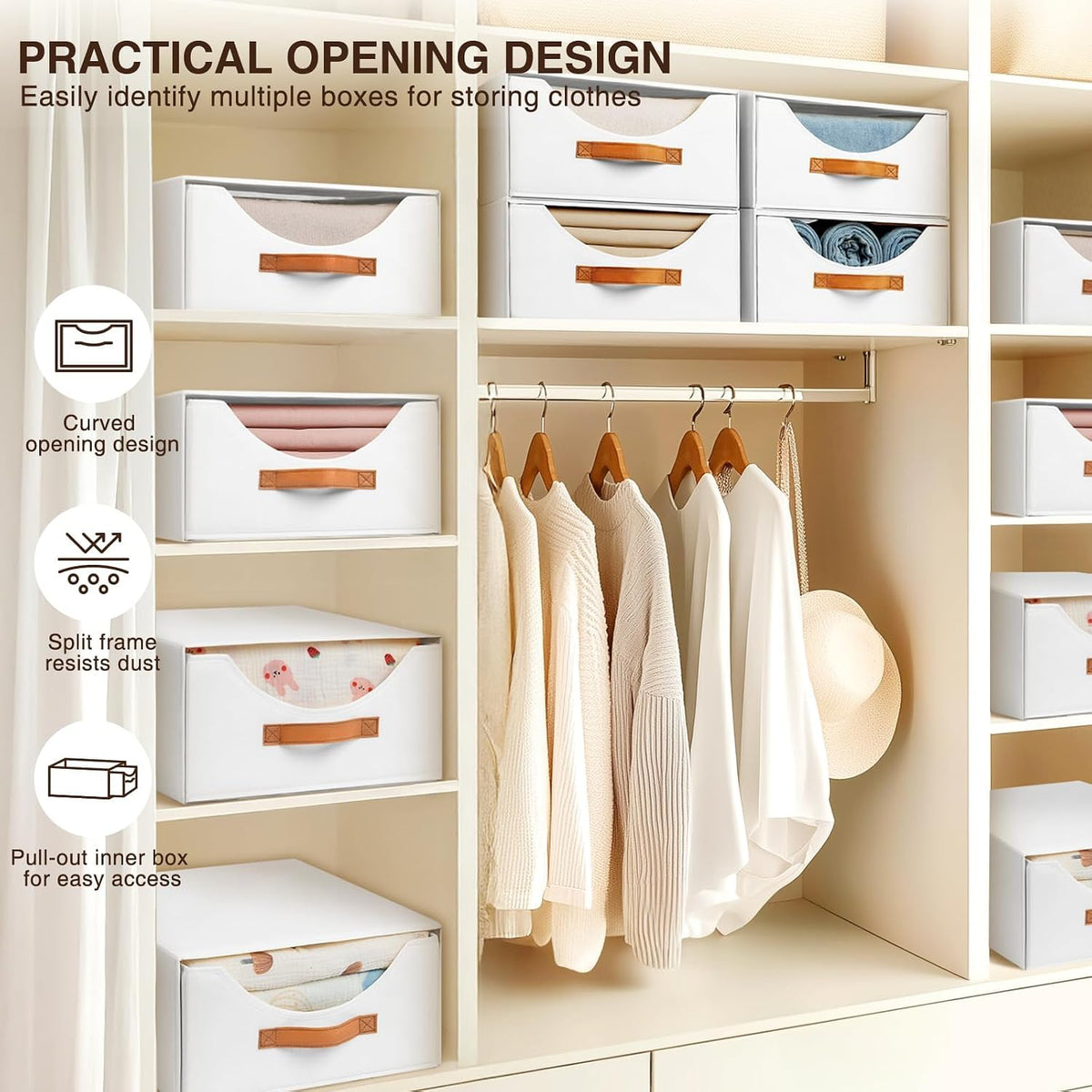 Stackable Storage Drawers - Collapsible Storage Bins with Drawers, Closet Shelf Organizer Basket, Fabric Pull Out Organizer for Bedroom, Living Room, Dorm, Beige