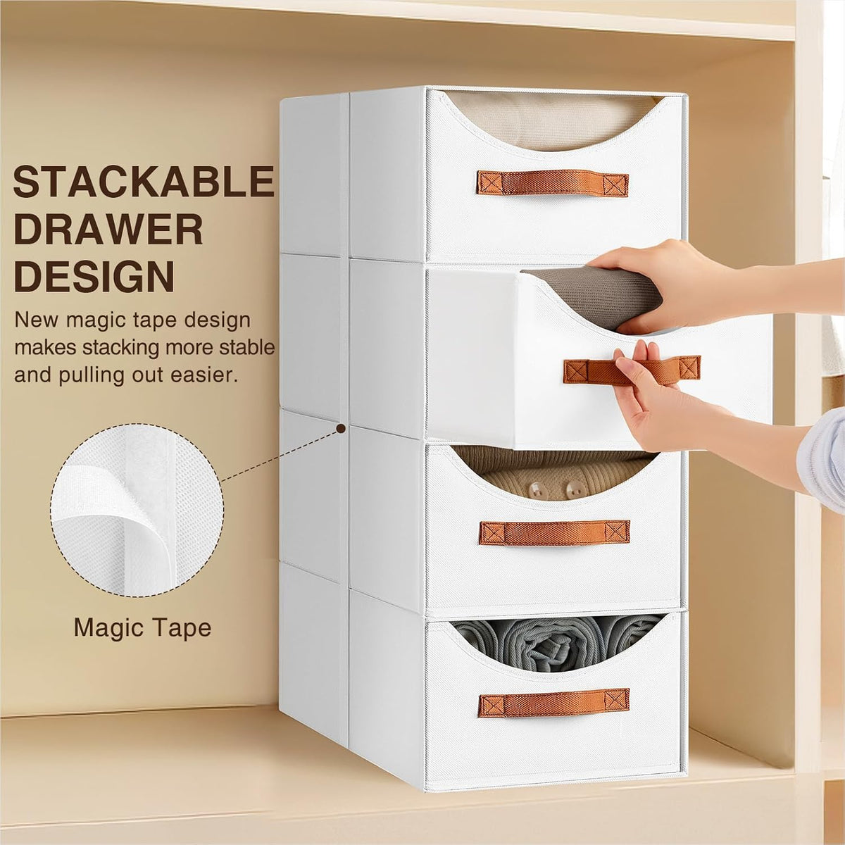 Stackable Storage Drawers - Collapsible Storage Bins with Drawers, Closet Shelf Organizer Basket, Fabric Pull Out Organizer for Bedroom, Living Room, Dorm, Beige