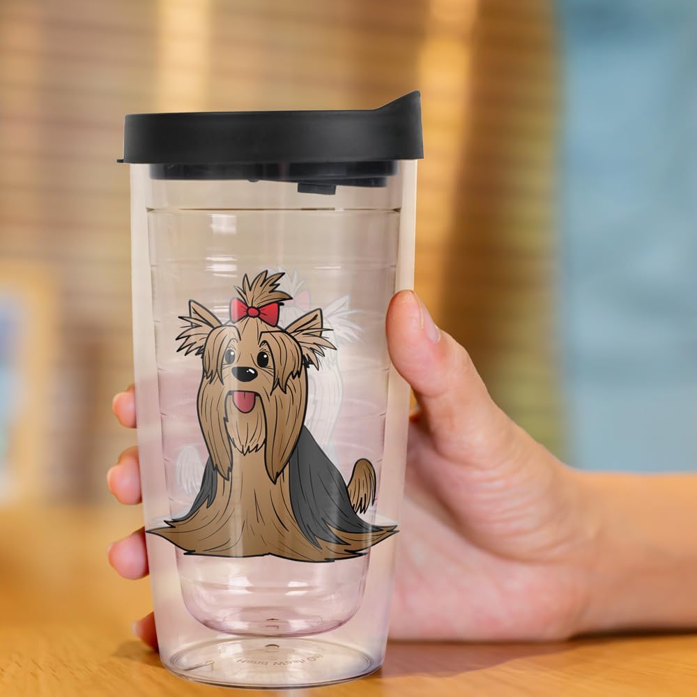 Yorkshire Terrier Yorkie With Bow Double-Walled Plastic Travel, 16oz.