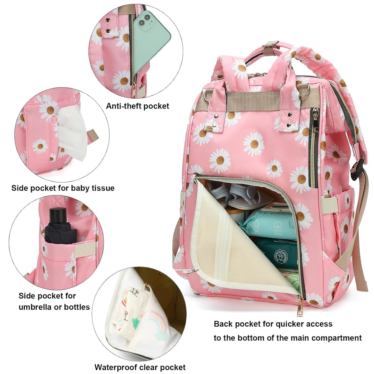 Flamingo Diaper Bag Backpack for Baby Girls, Mom Waterproof Large Nappy Bags for Women (Green)