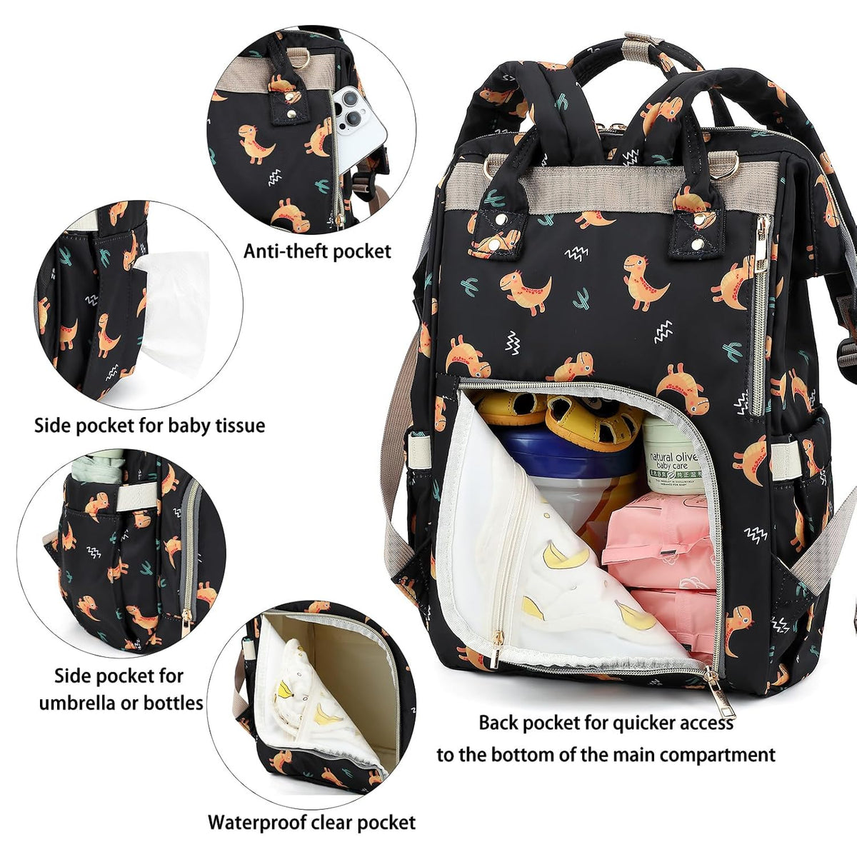 Flamingo Diaper Bag Backpack for Baby Girls, Mom Waterproof Large Nappy Bags for Women (Green)