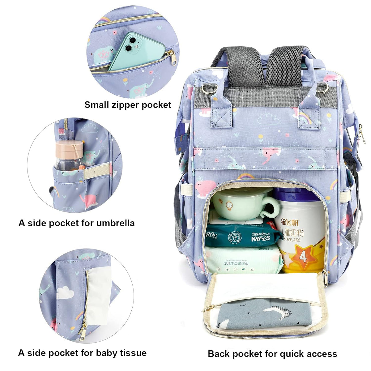 Flamingo Diaper Bag Backpack for Baby Girls, Mom Waterproof Large Nappy Bags for Women (Green)