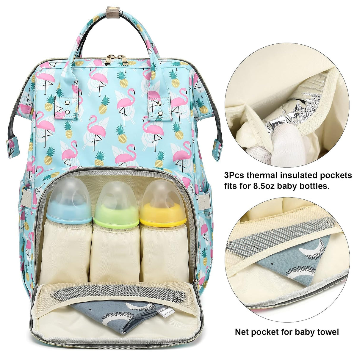 Flamingo Diaper Bag Backpack for Baby Girls, Mom Waterproof Large Nappy Bags for Women (Green)
