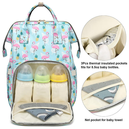 Flamingo Diaper Bag Backpack for Baby Girls, Mom Waterproof Large Nappy Bags for Women (Green)