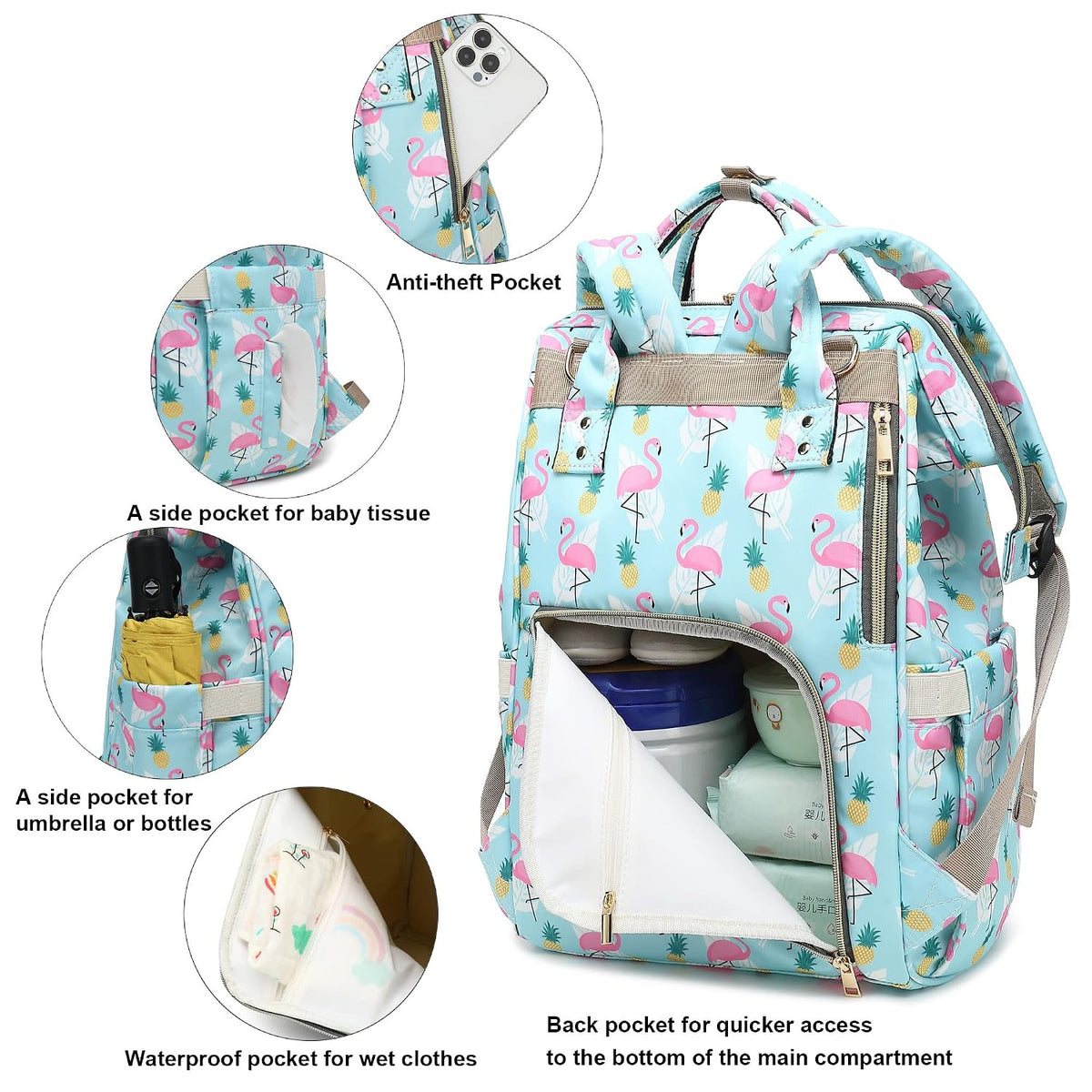 Flamingo Diaper Bag Backpack for Baby Girls, Mom Waterproof Large Nappy Bags for Women (Green)