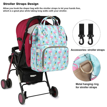 Flamingo Diaper Bag Backpack for Baby Girls, Mom Waterproof Large Nappy Bags for Women (Green)