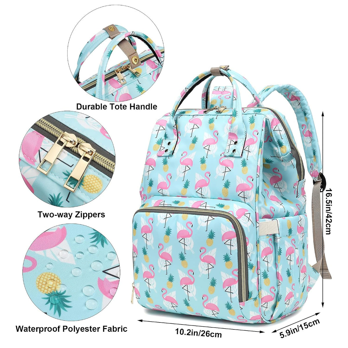 Flamingo Diaper Bag Backpack for Baby Girls, Mom Waterproof Large Nappy Bags for Women (Green)
