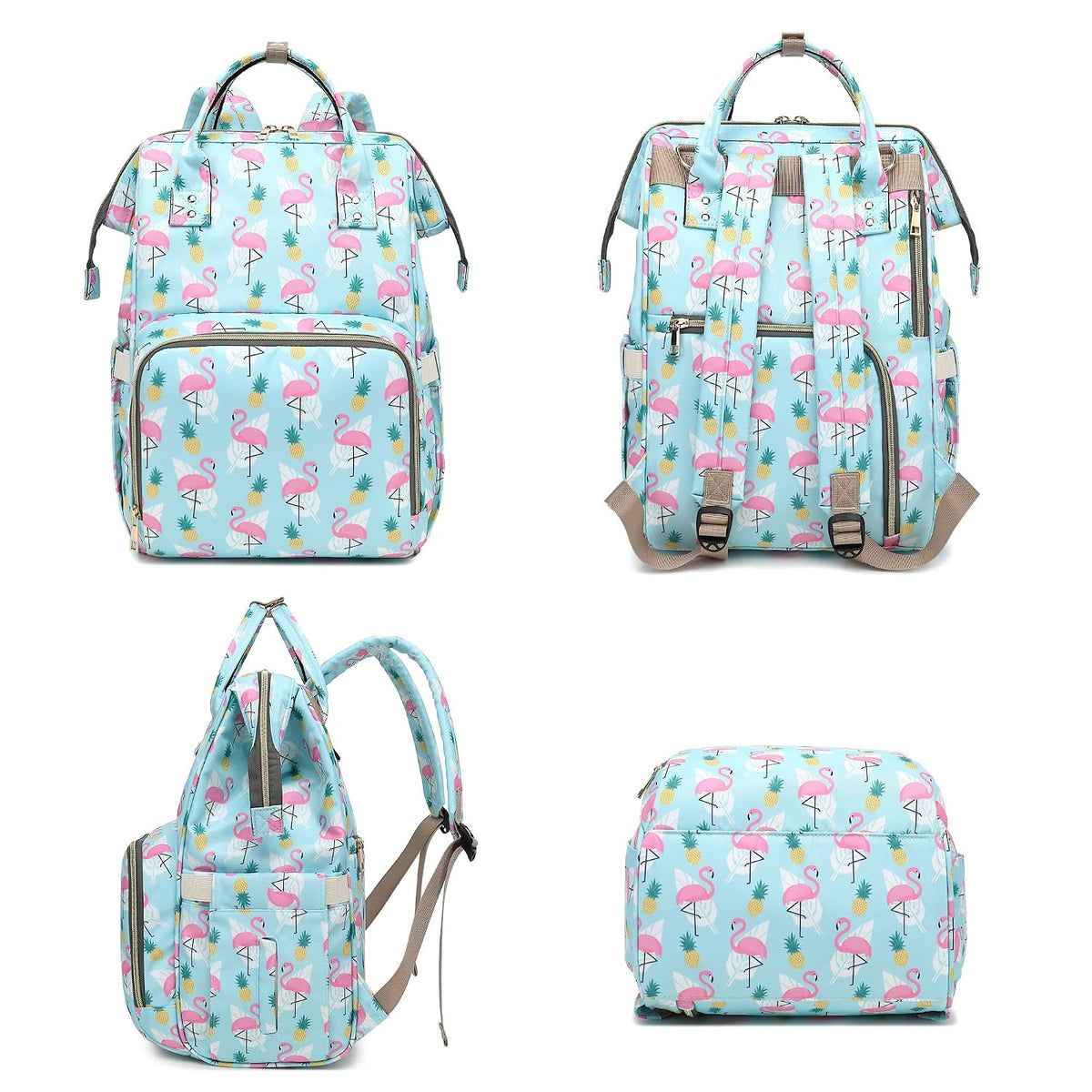 Flamingo Diaper Bag Backpack for Baby Girls, Mom Waterproof Large Nappy Bags for Women (Green)