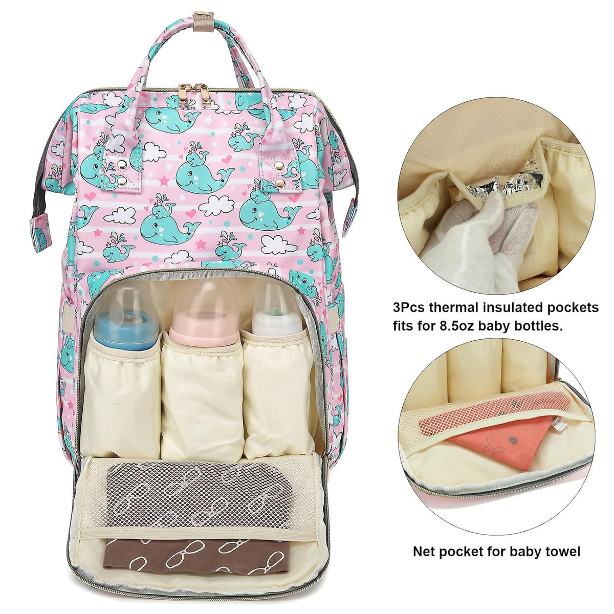 Flamingo Diaper Bag Backpack for Baby Girls, Mom Waterproof Large Nappy Bags for Women (Green)