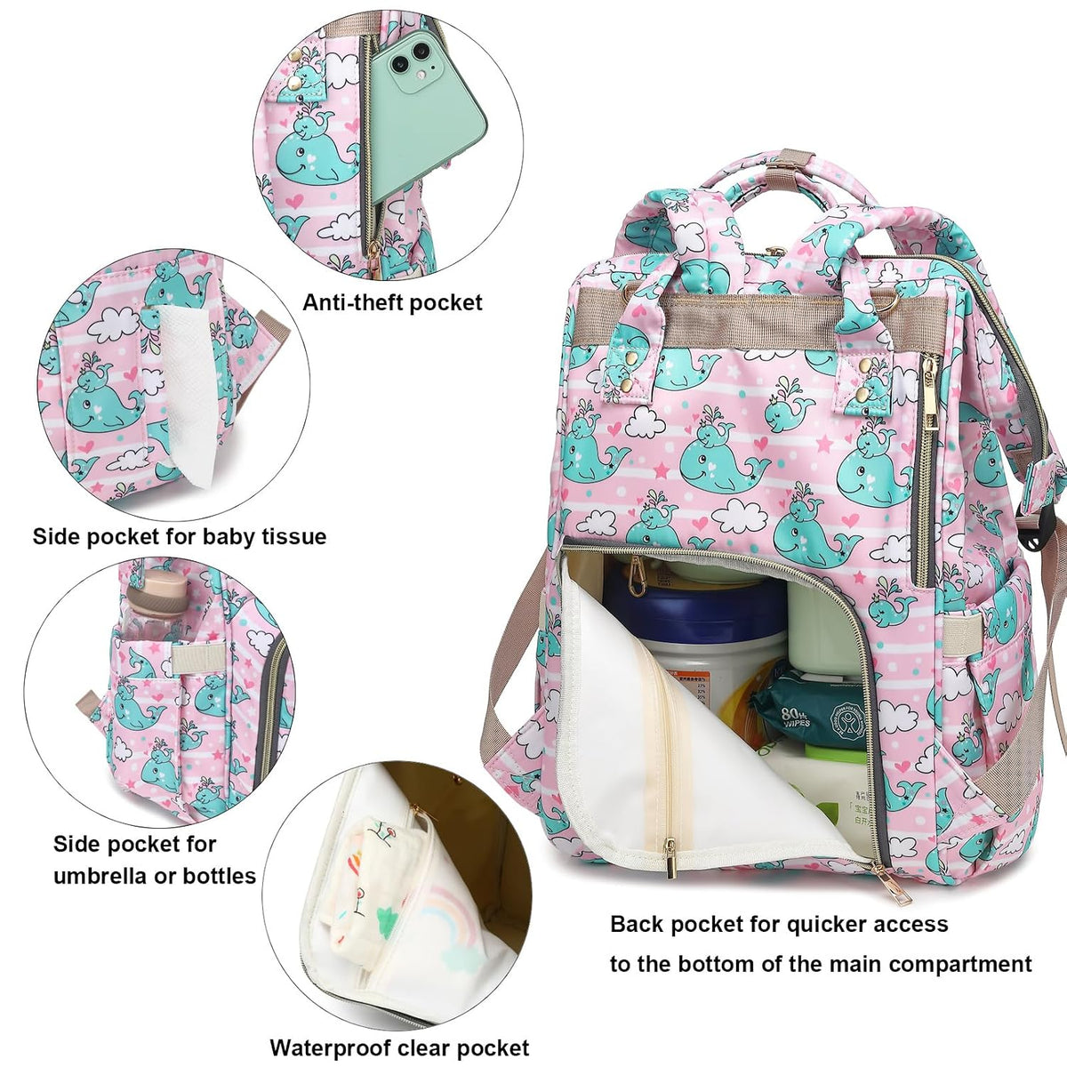 Flamingo Diaper Bag Backpack for Baby Girls, Mom Waterproof Large Nappy Bags for Women (Green)