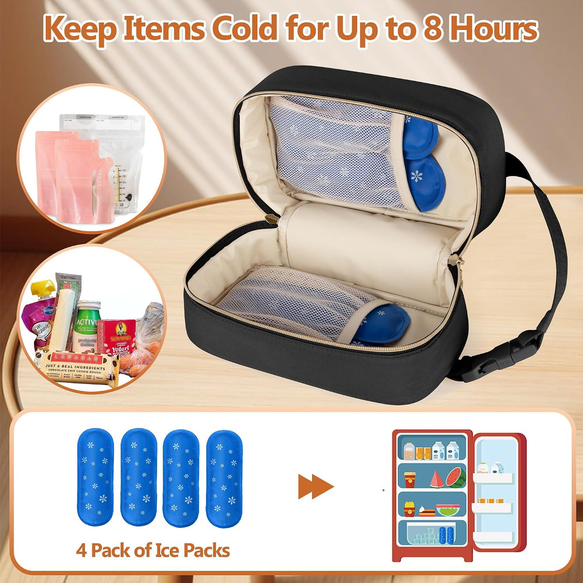 Breastmilk Cooler Bag with 4 Ice Packs and Buckle Handle, Pink