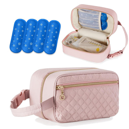 Breastmilk Cooler Bag with 4 Ice Packs and Buckle Handle, Pink