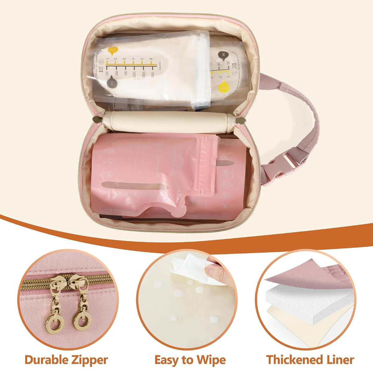 Breastmilk Cooler Bag with 4 Ice Packs and Buckle Handle, Pink