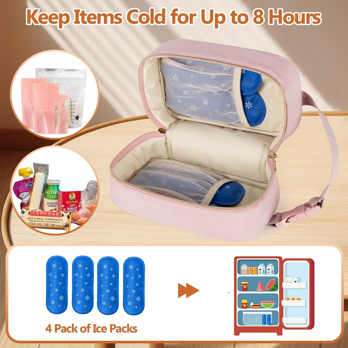 Breastmilk Cooler Bag with 4 Ice Packs and Buckle Handle, Pink