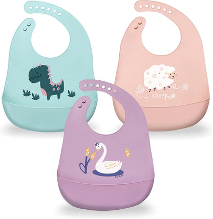 Silicone Baby Bibs with Food Catcher (Set of 3) - BPA Free Plastic, Durable and Adjustable Bib - Silicone Bibs for Babies, Toddlers, Boys, and Girls
