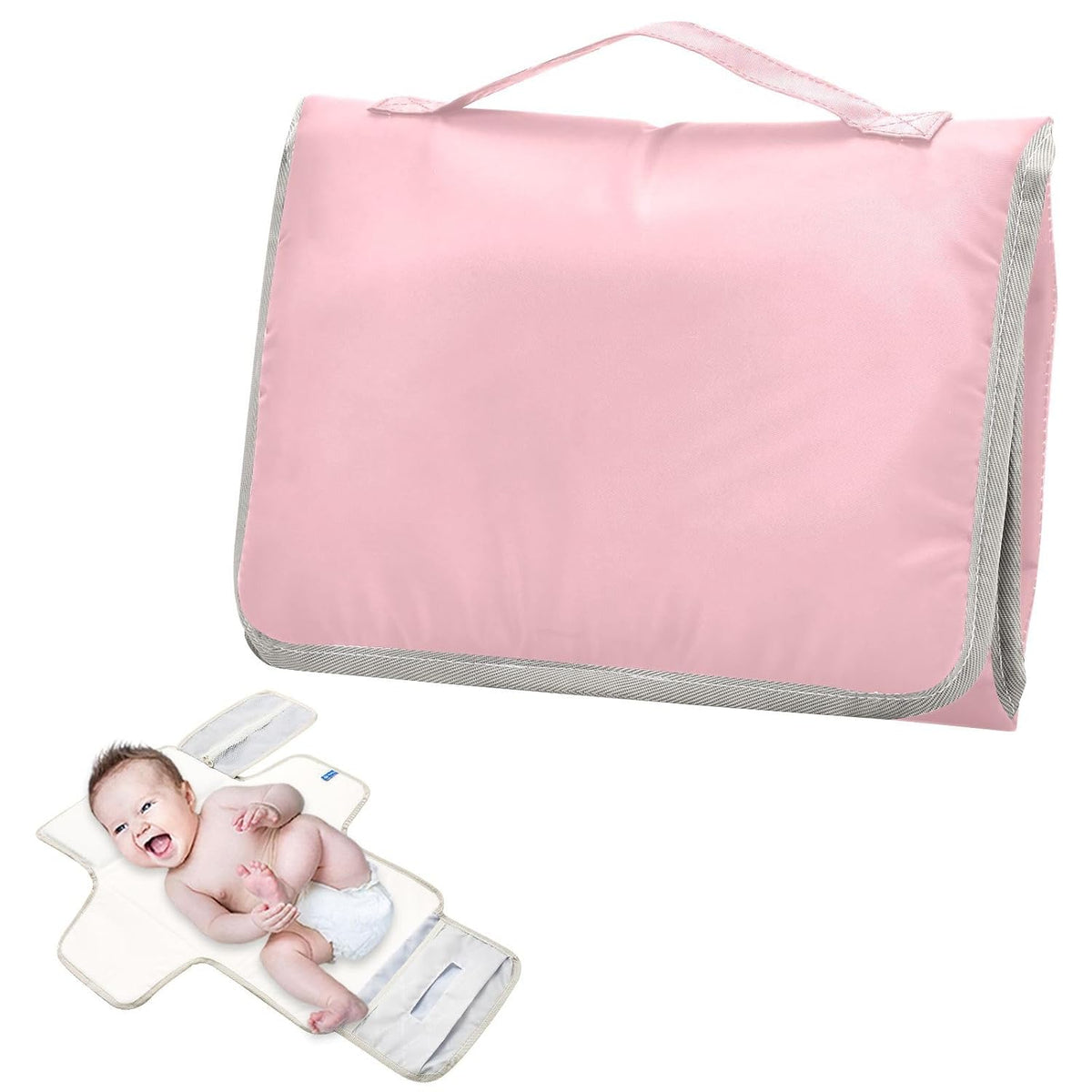 Gentle Pink Portable Diaper Changing Pad, Waterproof Baby Changing Mat with Storage Pocket & Built-in Pillow, Foldable Travel Pad, Newborn Gift Set for Boy Girl