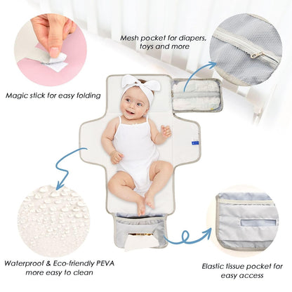 Gentle Pink Portable Diaper Changing Pad, Waterproof Baby Changing Mat with Storage Pocket & Built-in Pillow, Foldable Travel Pad, Newborn Gift Set for Boy Girl