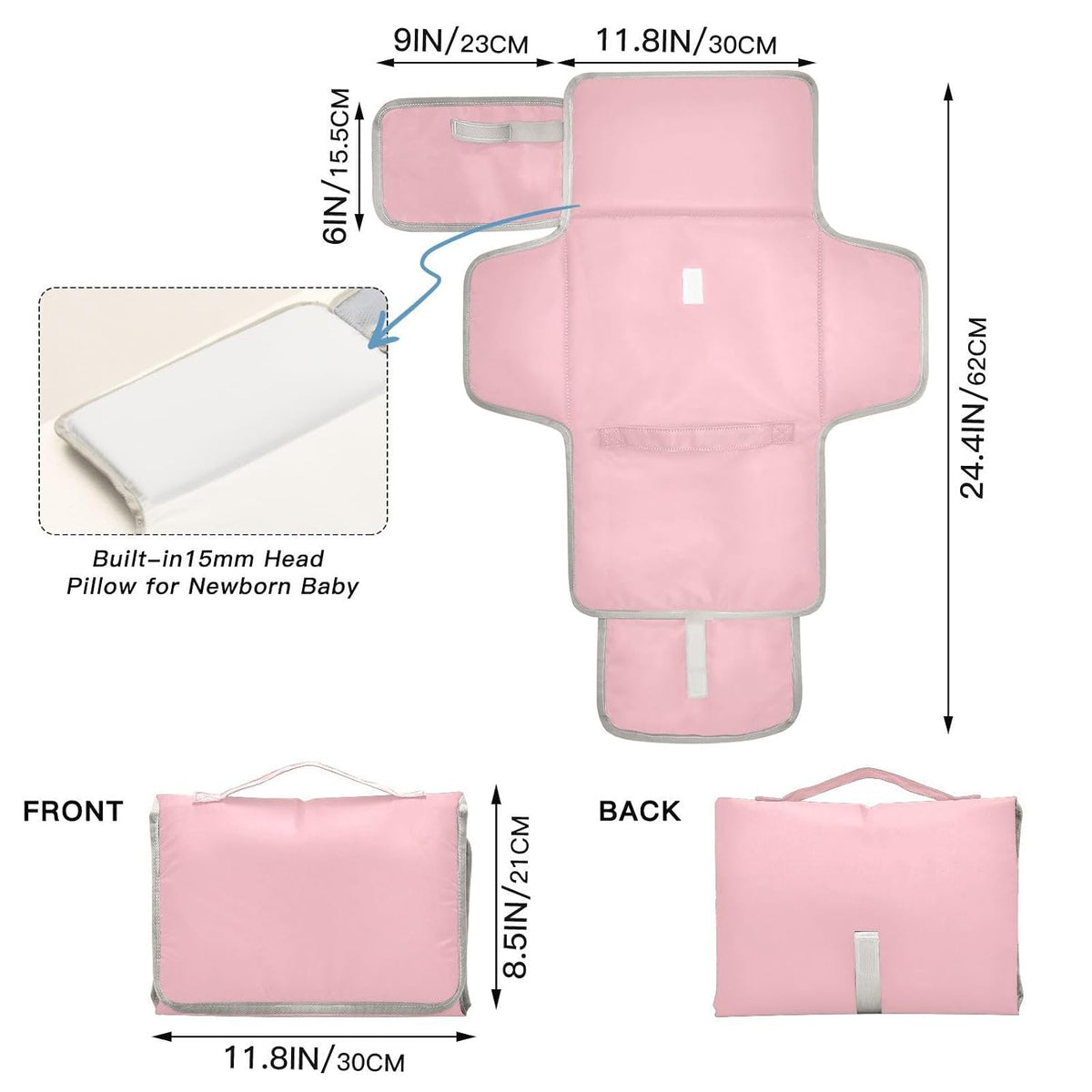 Gentle Pink Portable Diaper Changing Pad, Waterproof Baby Changing Mat with Storage Pocket & Built-in Pillow, Foldable Travel Pad, Newborn Gift Set for Boy Girl