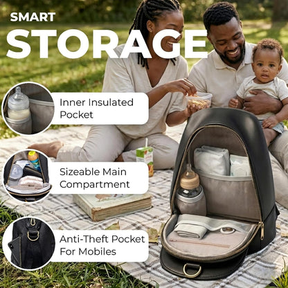Handmade Mini Diaper Bag Backpack with 5 Pockets | 2 in 1 Convertible Crossbody Sling Bag for Moms | Vegan Leather & Golden Hardware | Insulated Bottle Pocket | Tan