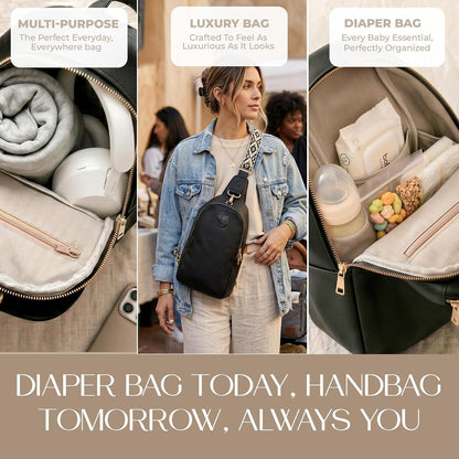 Handmade Mini Diaper Bag Backpack with 5 Pockets | 2 in 1 Convertible Crossbody Sling Bag for Moms | Vegan Leather & Golden Hardware | Insulated Bottle Pocket | Tan