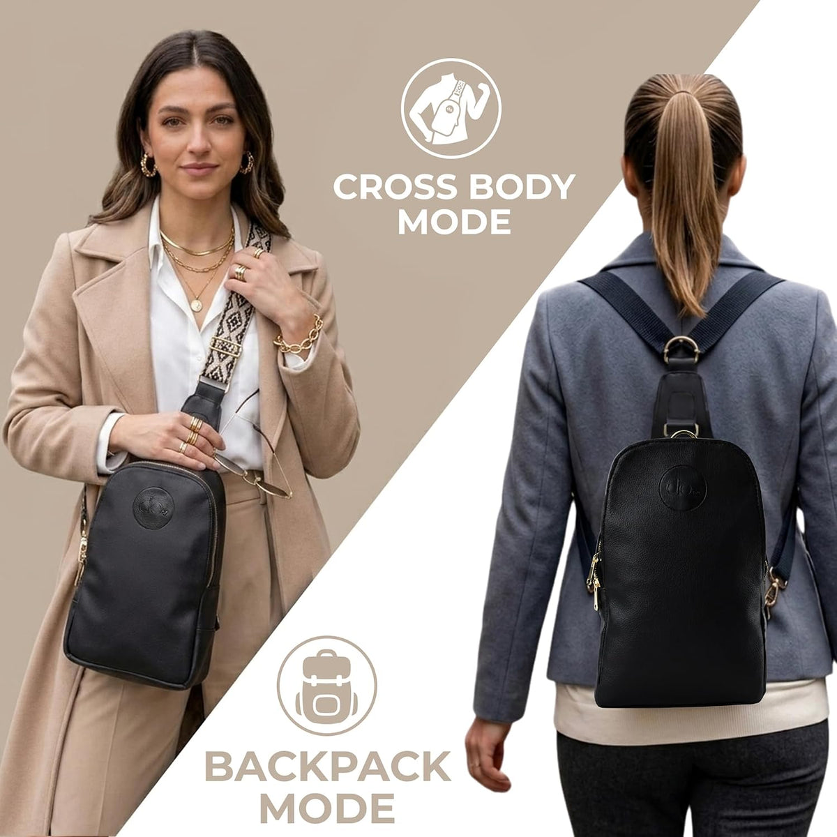 Handmade Mini Diaper Bag Backpack with 5 Pockets | 2 in 1 Convertible Crossbody Sling Bag for Moms | Vegan Leather & Golden Hardware | Insulated Bottle Pocket | Tan