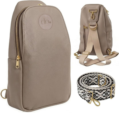 Handmade Mini Diaper Bag Backpack with 5 Pockets | 2 in 1 Convertible Crossbody Sling Bag for Moms | Vegan Leather & Golden Hardware | Insulated Bottle Pocket | Tan