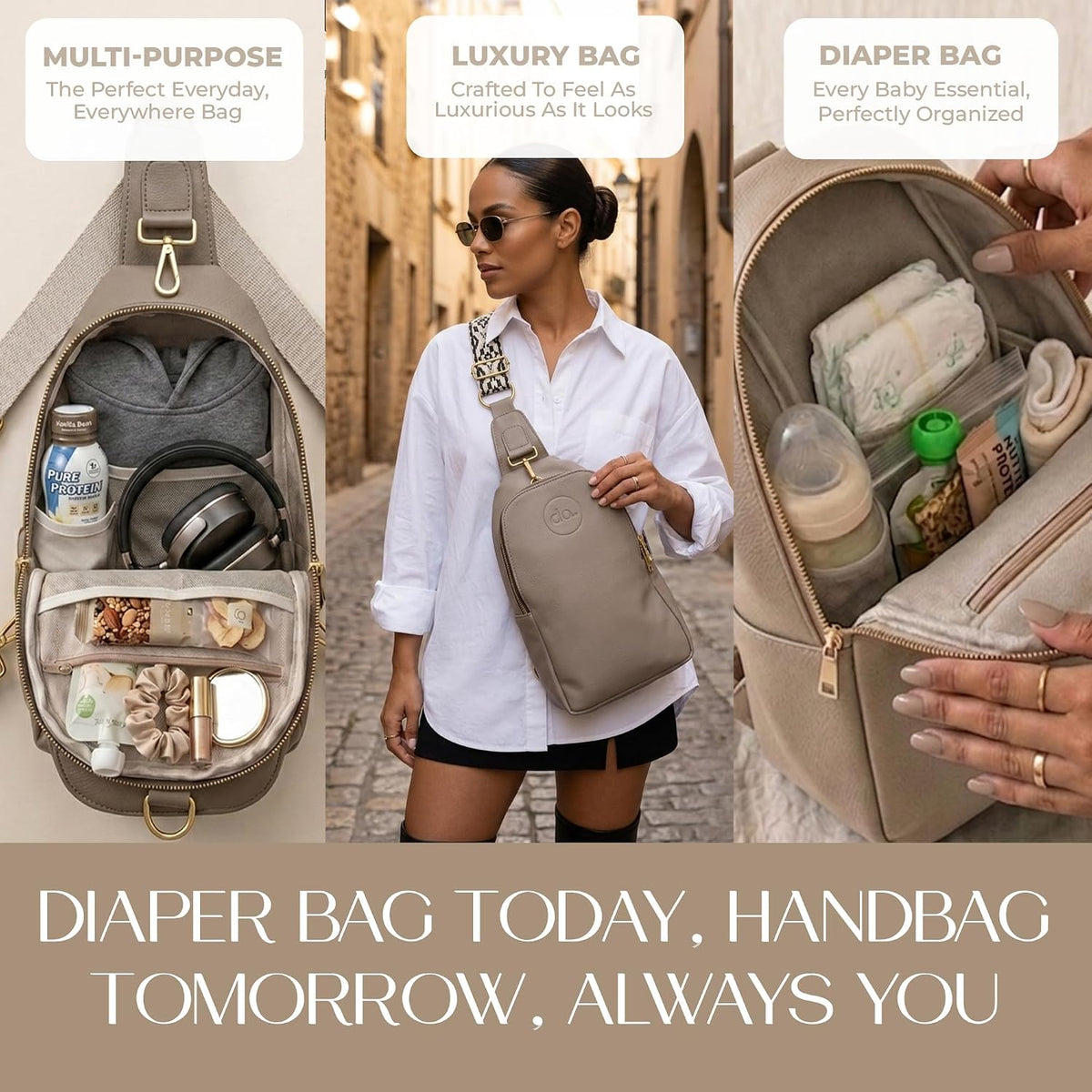 Handmade Mini Diaper Bag Backpack with 5 Pockets | 2 in 1 Convertible Crossbody Sling Bag for Moms | Vegan Leather & Golden Hardware | Insulated Bottle Pocket | Tan
