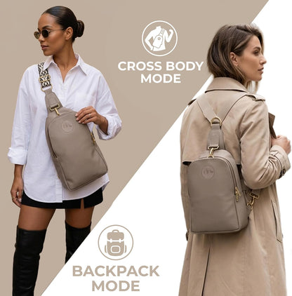 Handmade Mini Diaper Bag Backpack with 5 Pockets | 2 in 1 Convertible Crossbody Sling Bag for Moms | Vegan Leather & Golden Hardware | Insulated Bottle Pocket | Tan