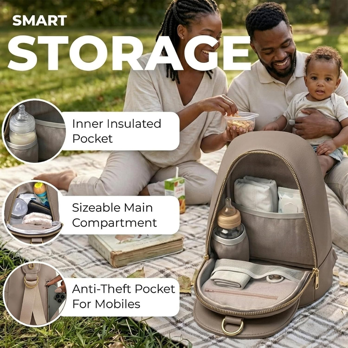 Handmade Mini Diaper Bag Backpack with 5 Pockets | 2 in 1 Convertible Crossbody Sling Bag for Moms | Vegan Leather & Golden Hardware | Insulated Bottle Pocket | Tan