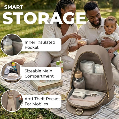 Handmade Mini Diaper Bag Backpack with 5 Pockets | 2 in 1 Convertible Crossbody Sling Bag for Moms | Vegan Leather & Golden Hardware | Insulated Bottle Pocket | Tan