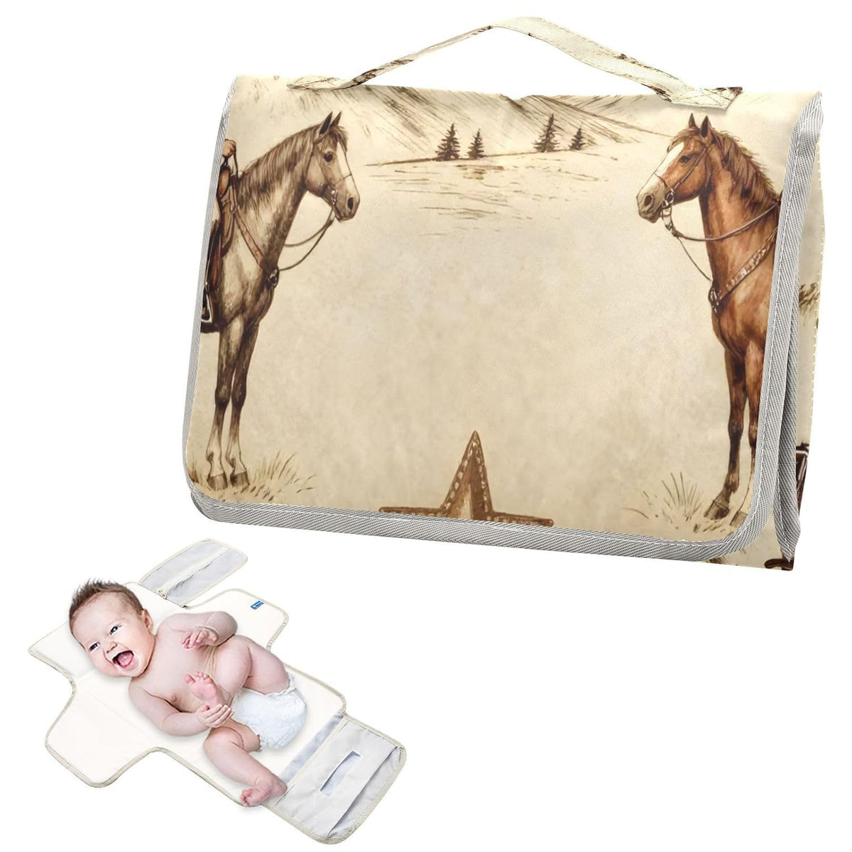 Retro Cowboy Western Portable Diaper Changing Pad, Waterproof Baby Changing Mat with Storage Pocket & Built-in Pillow, Foldable Travel Pad, Newborn Gift Set for Boy Girl